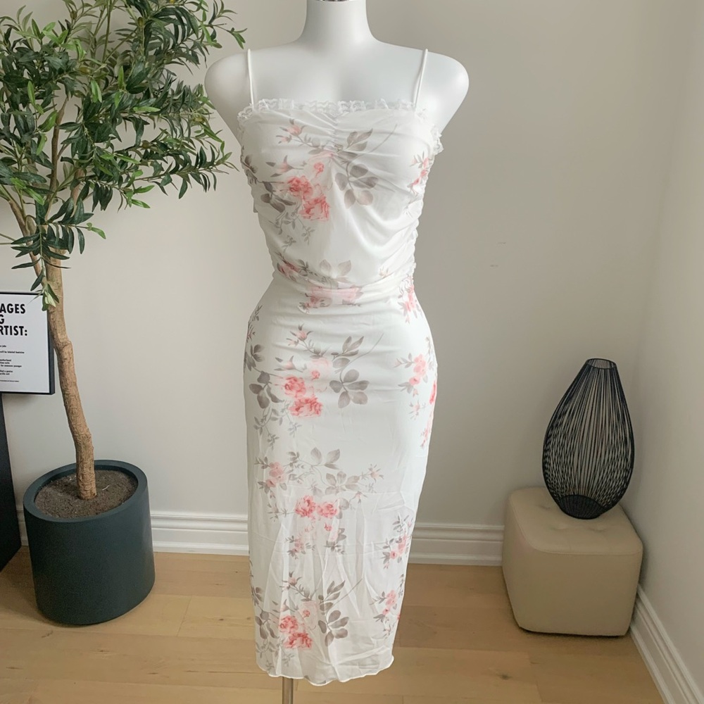 White Floral Ruched Mesh Bodycon Midi Dress S NWT